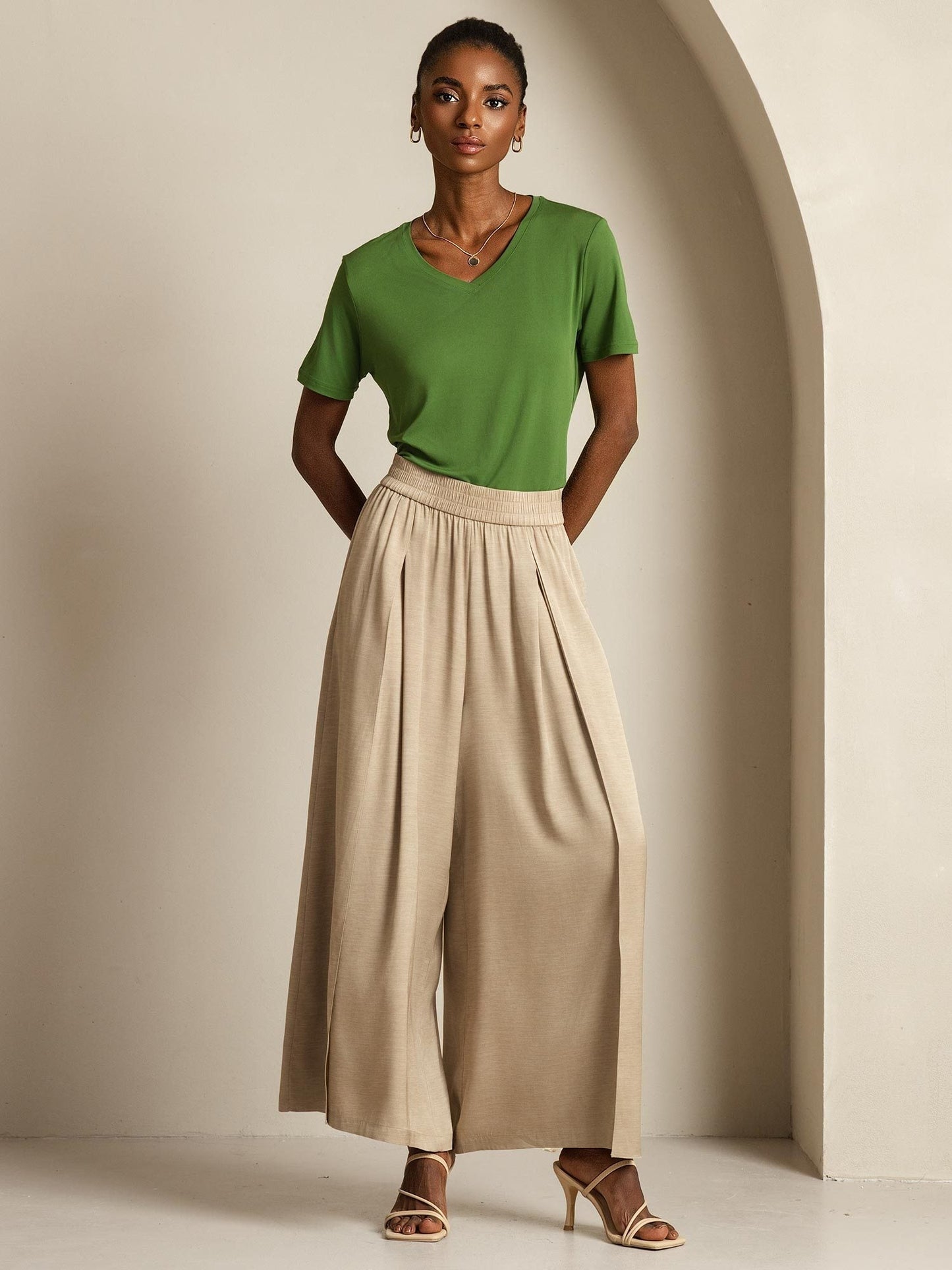 19Momme Seide Weite Bein Damenhose mit Elastischem Bund Seitentaschen Design